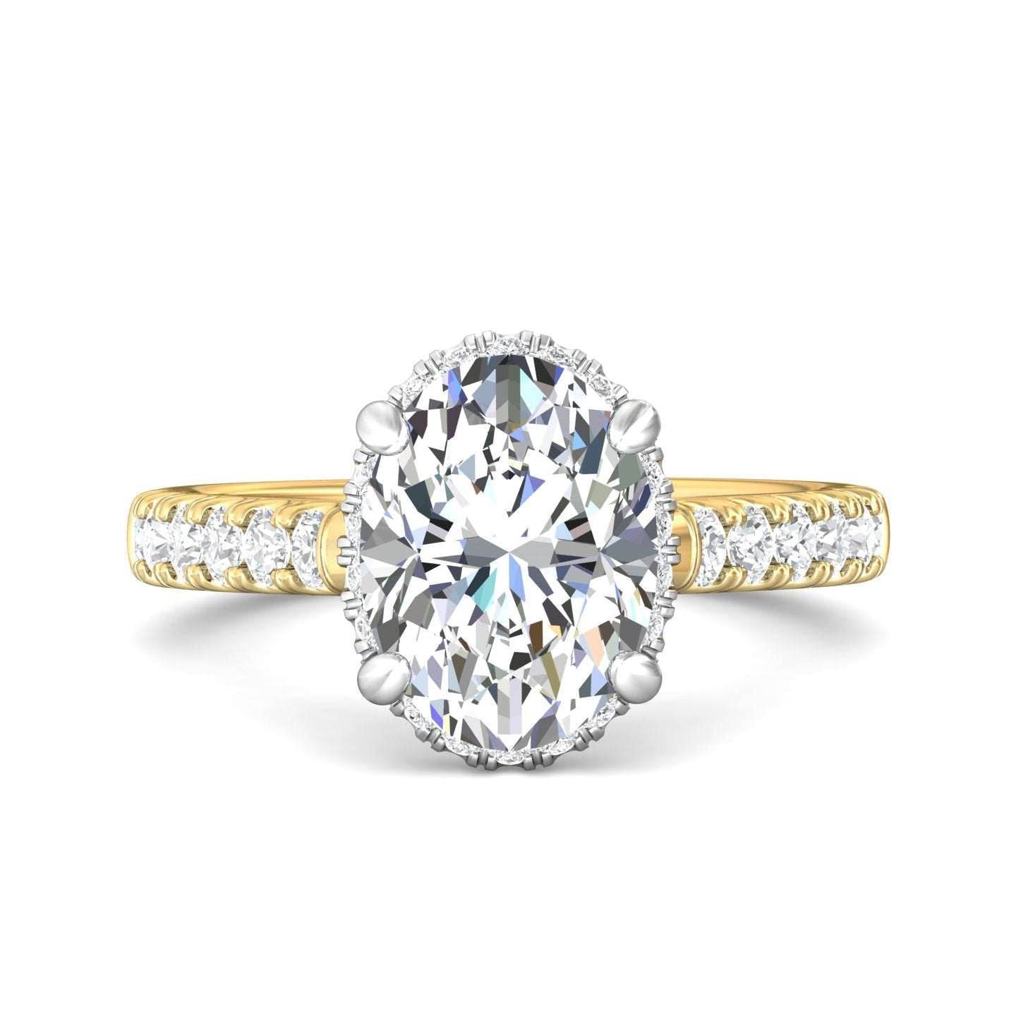 DG & Co. Signature Oval Cut Halo Diamond Engagement Ring 4 Claw Setting Pave Setting Side Stone -18K Yellow - DG & Co. Jewellery