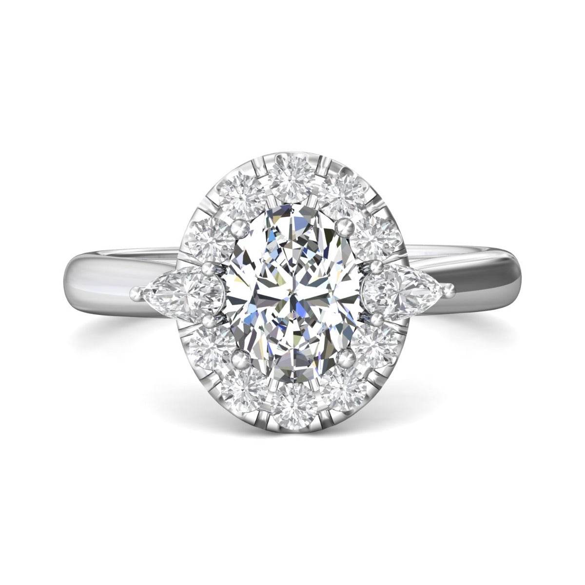 Three Stone Oval and Pear Cut Halo Diamond Engagement Ring In 18K White Gold - DG & Co. Jewellery