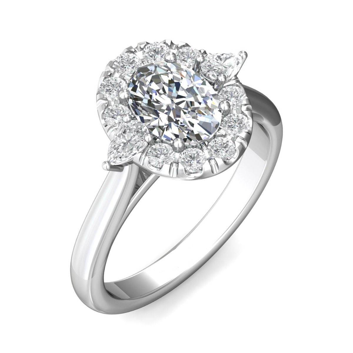 Three Stone Oval and Pear Cut Halo Diamond Engagement Ring In 18K White Gold - DG & Co. Jewellery