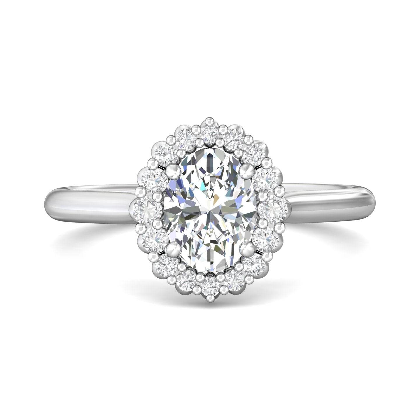 Claw Set Oval Cut Diamond Halo Engagement Ring with Plain Band - 18K White - DG & Co. Jewellery
