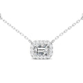 Emerald Cut Halo Diamond Pendant 4 Claw Setting Centre Stone Pave Setting Side Stone In 18K White Gold - DG & Co. Jewellery