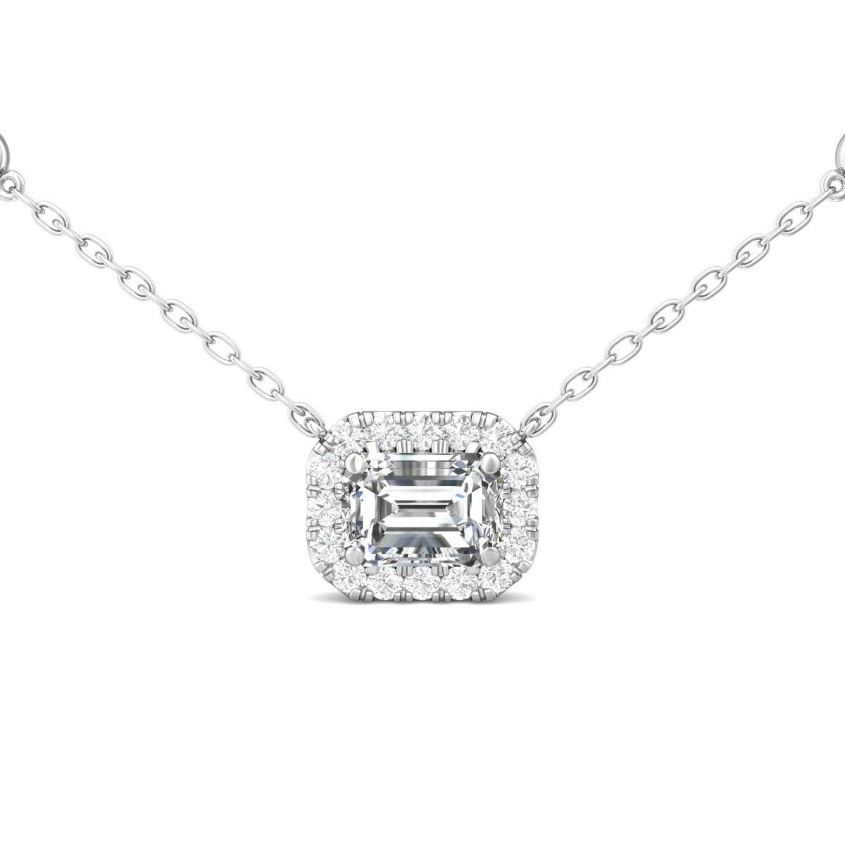 Emerald Cut Halo Diamond Pendant 4 Claw Setting Centre Stone Pave Setting Side Stone In 18K White Gold - DG & Co. Jewellery