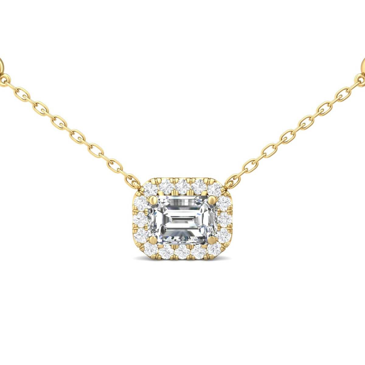 Halo Diamond Necklace Emerald Cut Four Claw Setting Adjustable Chain In 18K Yellow Gold - DG & Co. Jewellery