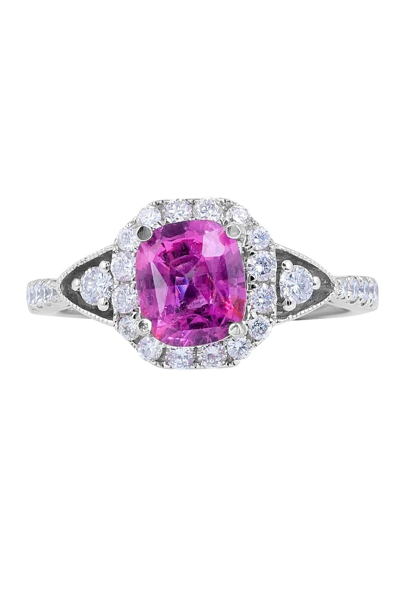 Vintage Style Cushion Cut Pink Sapphire Diamond Halo Engagement Pave Setting Ring In 18K White Gold - DG & Co. Jewellery