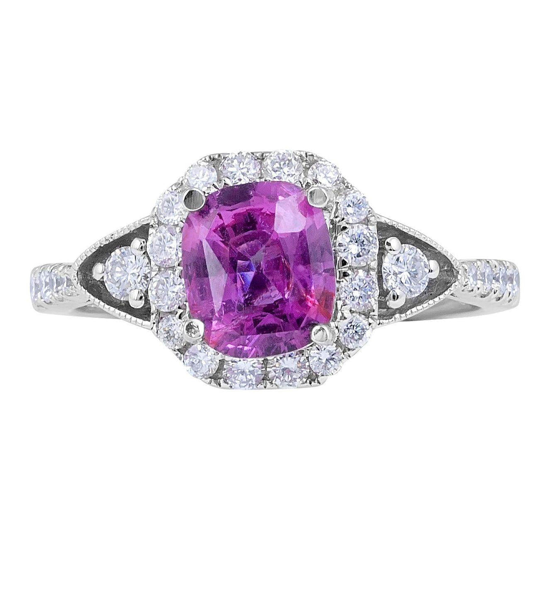 Vintage Style Cushion Cut Pink Sapphire Diamond Halo Engagement Pave Setting Ring In 18K White Gold - DG & Co. Jewellery
