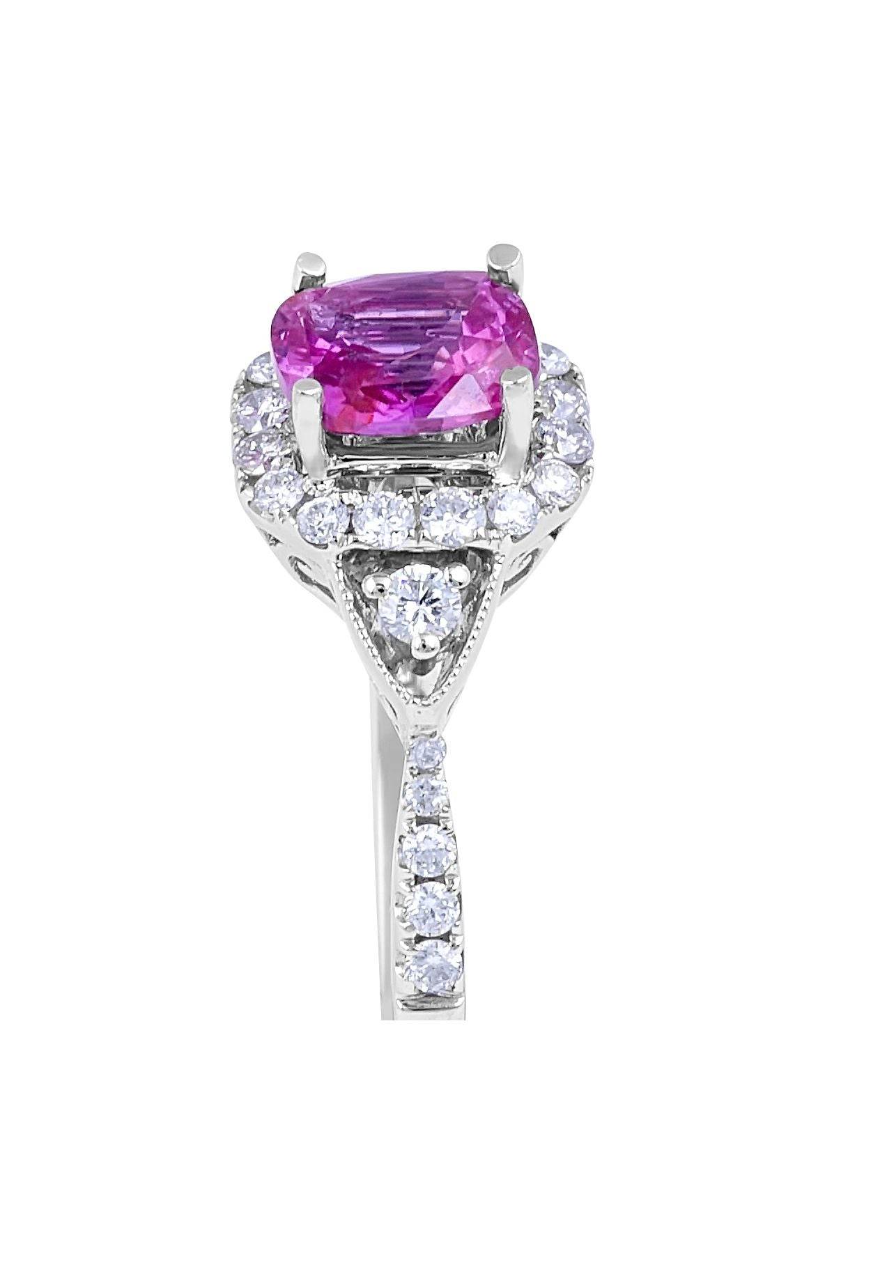 Vintage Style Cushion Cut Pink Sapphire Diamond Halo Engagement Pave Setting Ring In 18K White Gold - DG & Co. Jewellery