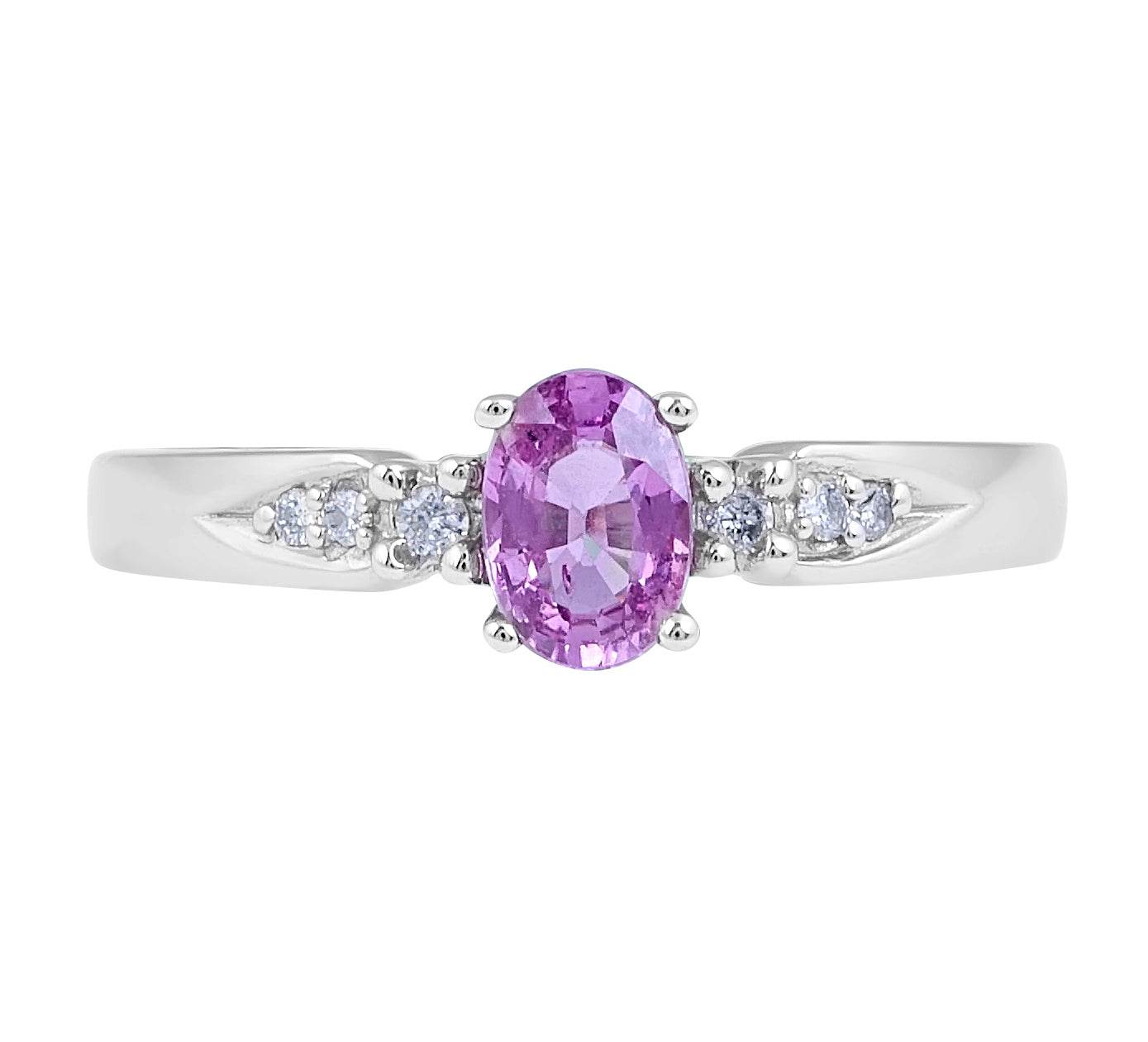 Trilogy Pink Sapphire Oval Cut Diamond Engagement Ring Claw Setting In 14 Karat White Gold - DG & Co. Jewellery