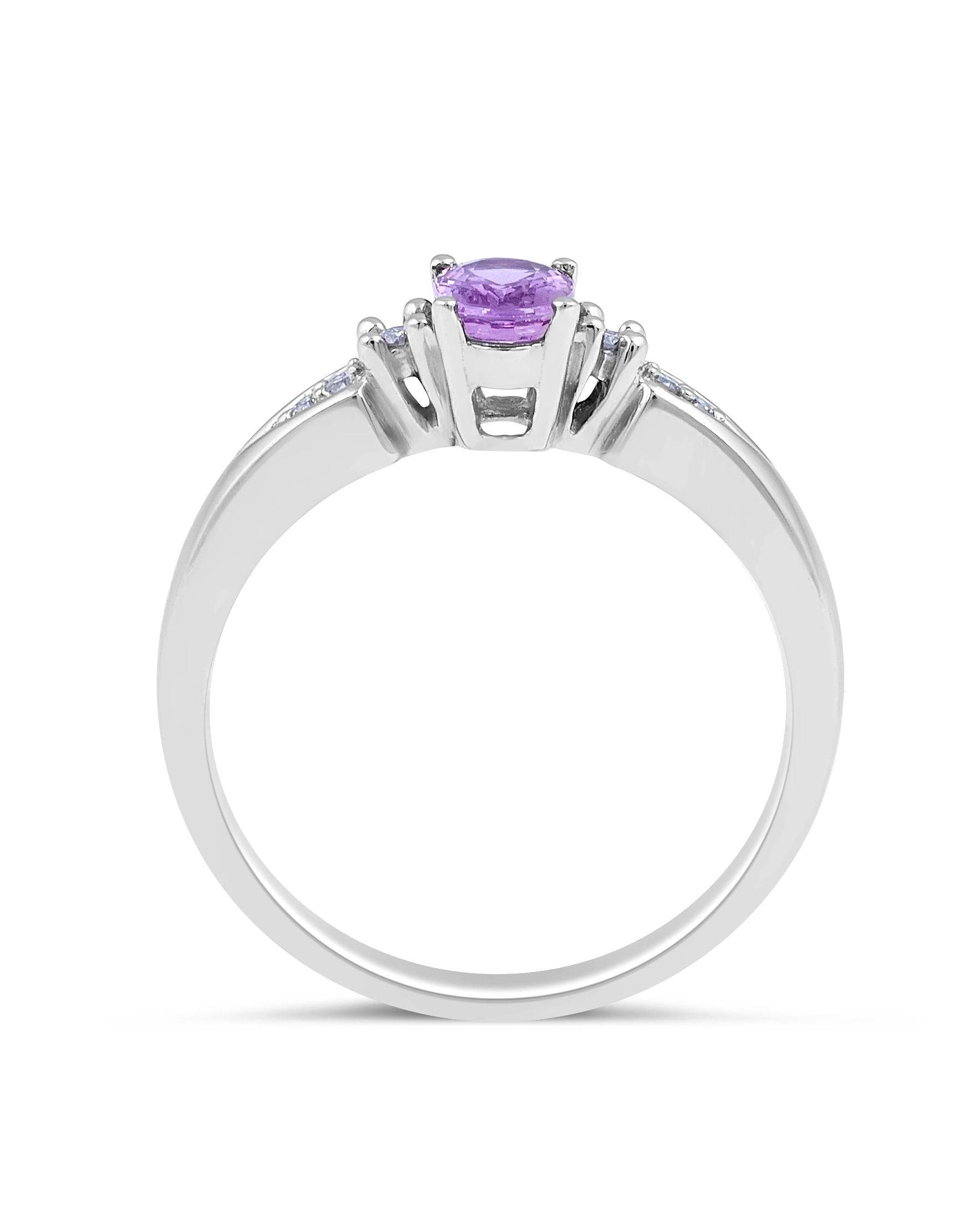 Trilogy Pink Sapphire Oval Cut Diamond Engagement Ring Claw Setting In 14 Karat White Gold - DG & Co. Jewellery