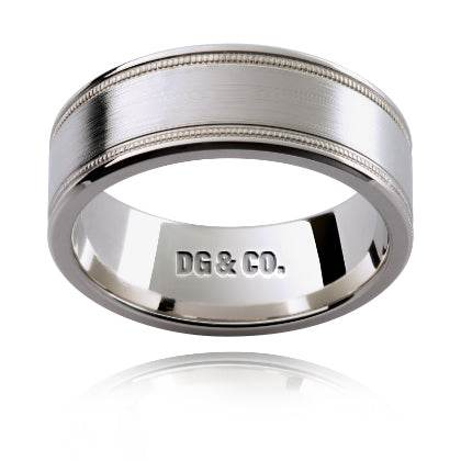Brushed Inlay Milgrain Gents Wedding Ring in 18K White - DG & Co. Jewellery