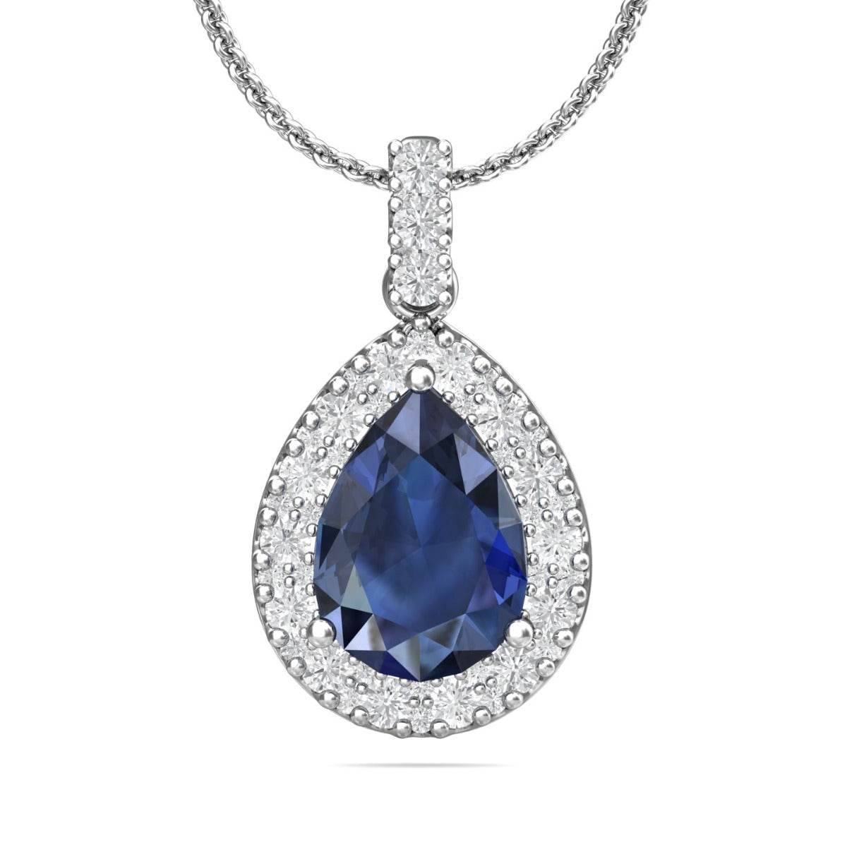 Pear Shape Sapphire Diamond Halo Pendant 1.25CT 4 Claw Setting In 18K White Gold - DG & Co. Jewellery