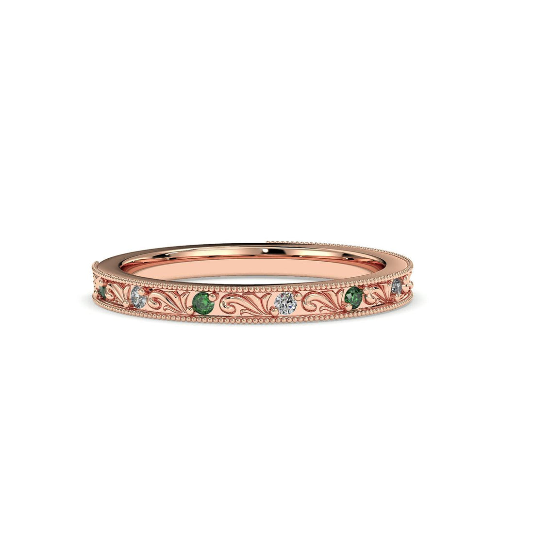 Villa Antique Style Green Sapphire Diamond Wedding Ring - 18K Rose