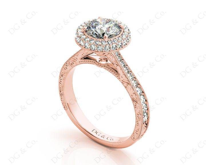 Vintage Style Double Halo Round Cut Diamond Engagement Ring With Claw Set Centre Stone - 18K Rose - DG & Co. Jewellery