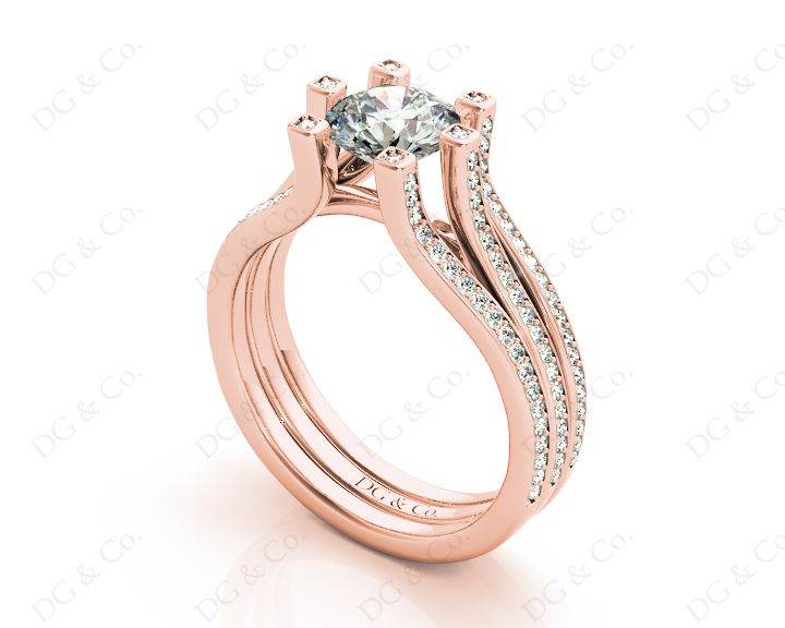Round Cut Six Claws Diamond Signature Ring with Channel set Down in the Shoulders in 18K Rose - DG & Co. Jewellery