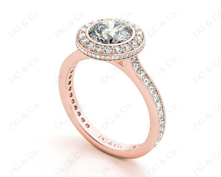 Vintage Style Round Cut Halo Diamond Ring with Bezel Set Centre Stone - 18K Rose - DG & Co. Jewellery