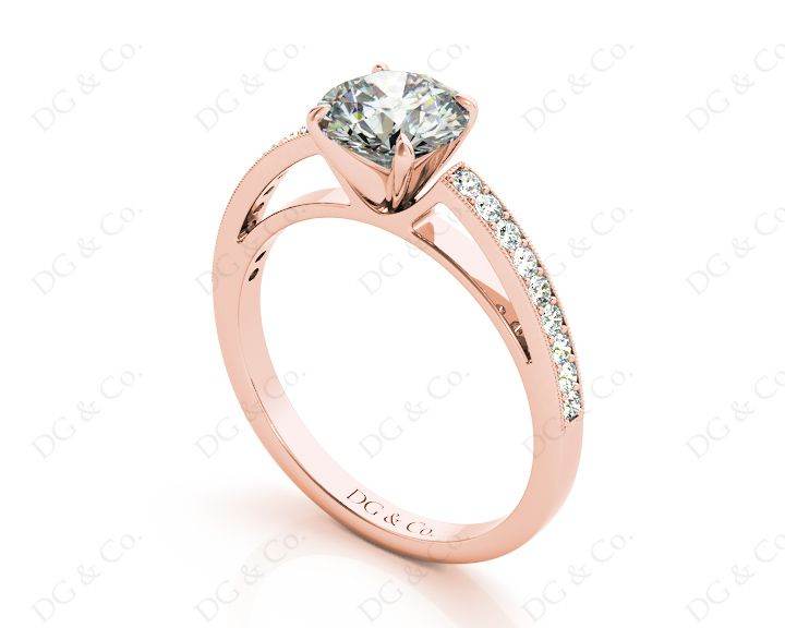 Round Cut Four Claws V Set Diamond Ring with Grain Set Side Stones in 18K Rose - DG & Co. Jewellery