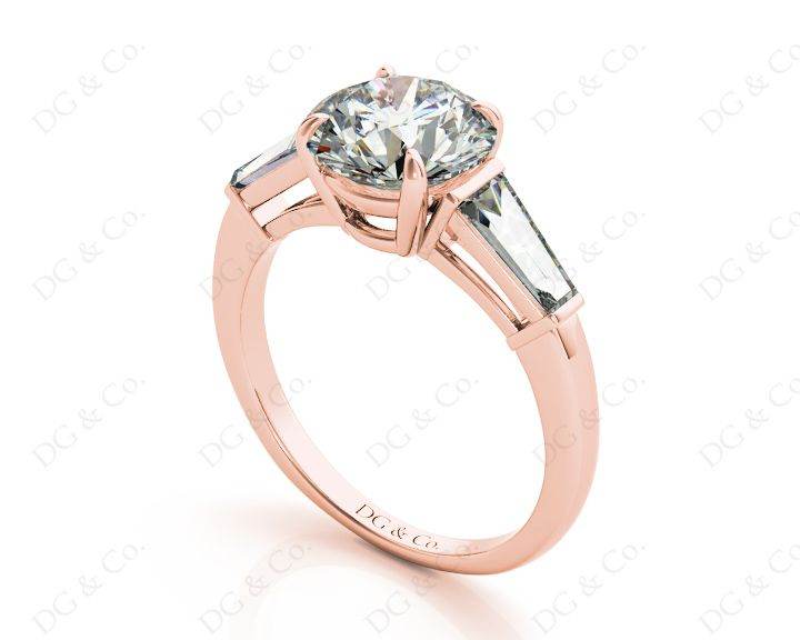 Round Cut Classic Three Stones Ring with Tapered Baguettes Diamond - 18K Rose - DG & Co. Jewellery