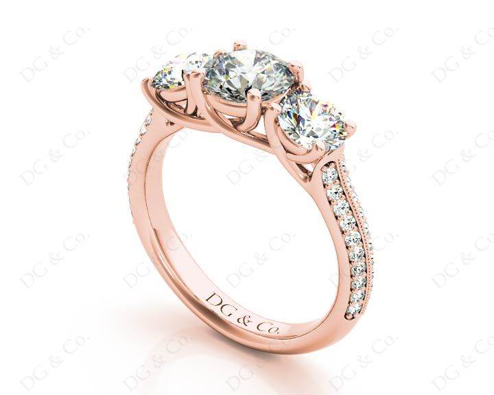 Round Cut Trilogy Diamond Engagement ring with claw set center stone - 18K Rose - DG & Co. Jewellery