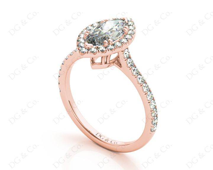 Marquise Cut Halo Diamond Engagement Ring with Claw Set Centre Stone with Pave Set Side Stones - 18K Rose - DG & Co. Jewellery