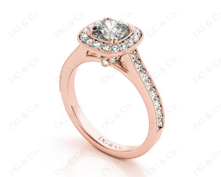 Halo Cushion Cut Ring with Four Claws Set Centre Stone - 18K Rose - DG & Co. Jewellery