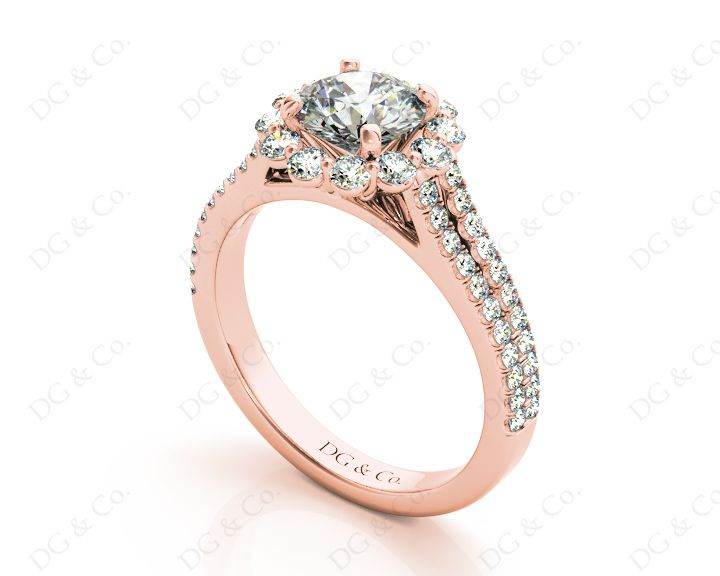 Round Cut Halo Flower Diamond Engagement Ring Split Band with Claw Set Centre Stone - 18K Rose - DG & Co. Jewellery
