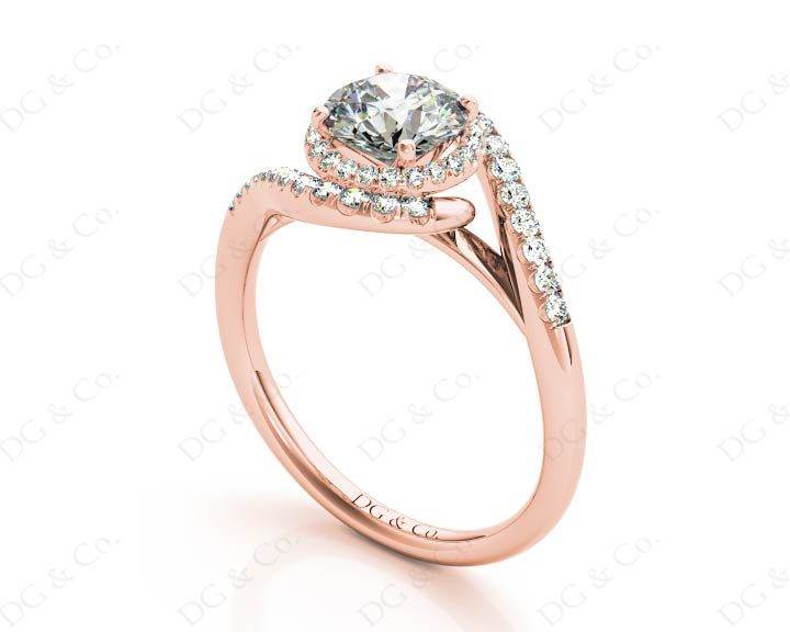 Round Cut Halo Diamond Cross Over Engagement ring with claw set centre stone in 18K Rose - DG & Co. Jewellery