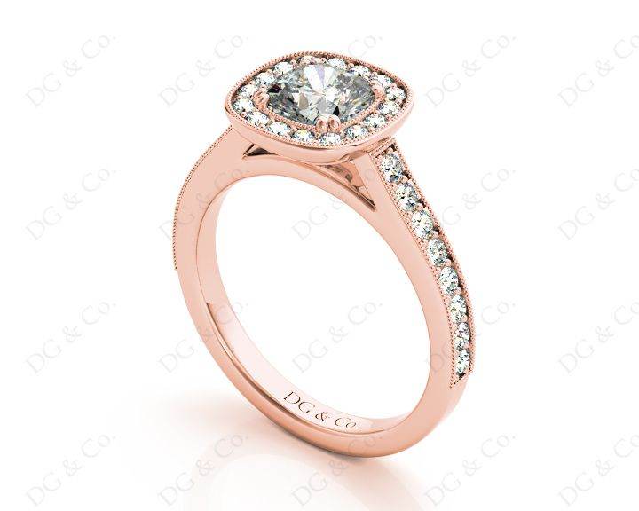 Cushion Cut Halo Diamond Ring with Milgrain Prong Set Centre Stone - 18K Rose - DG & Co. Jewellery