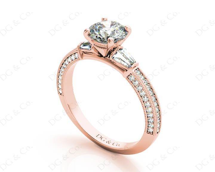 Vintage Style Round Cut Four Claw Diamond Ring with Pave Milgrain Set Side Stones In 18K Rose - DG & Co. Jewellery