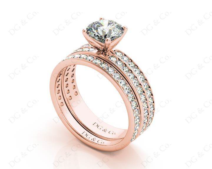 Round Cut Diamond Wedding Set Rings with Pave Setting Side Stones in 18K Rose - DG & Co. Jewellery