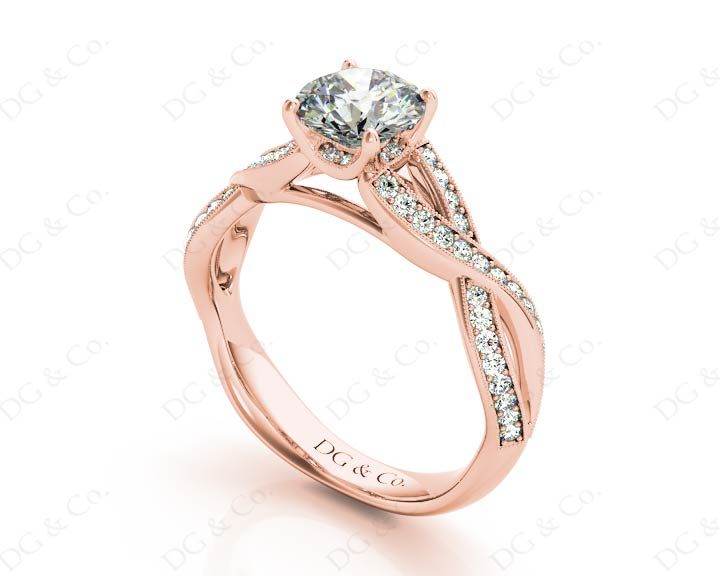 Twist Band Round Cut Four Claw Set Diamond Ring with Pave Set Stones Down the Shoulders - 18K Rose - DG & Co. Jewellery