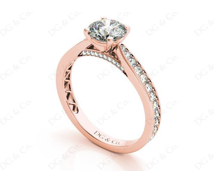 Round Cut Four Claw Set Diamond Ring with Pave Set Stones Down the Shoulders and on Both Sides - 18K Rose - DG & Co. Jewellery