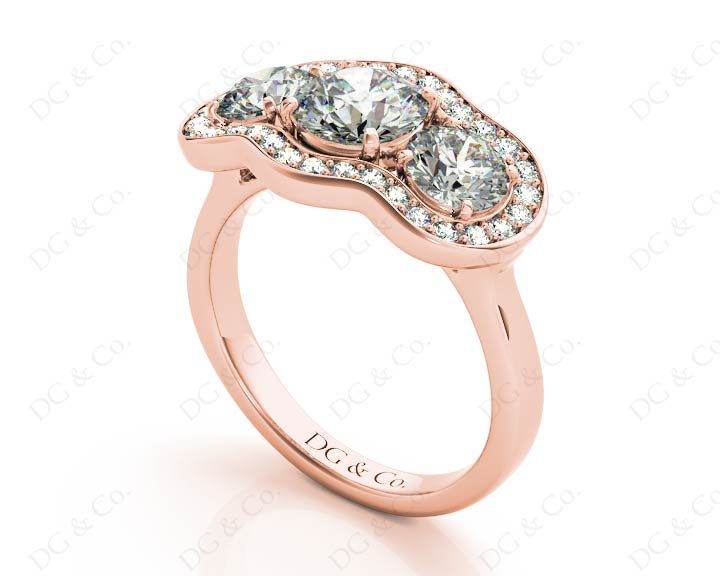 Round Cut Halo Trilogy Diamond Engagement Ring with Pave Set Side Stone In 18K Rose - DG & Co. Jewellery