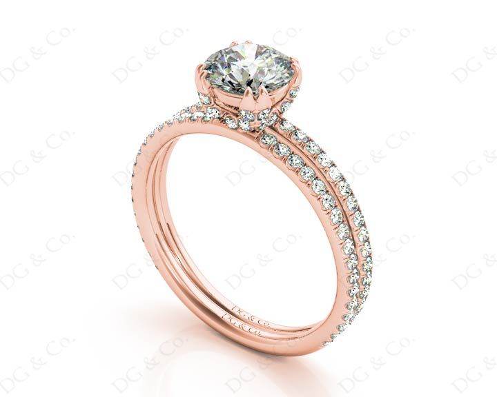 Round Cut Four Double Claw Set Diamond Ring with Pave Set Diamonds Down The Shoulders in 18K Rose - DG & Co. Jewellery