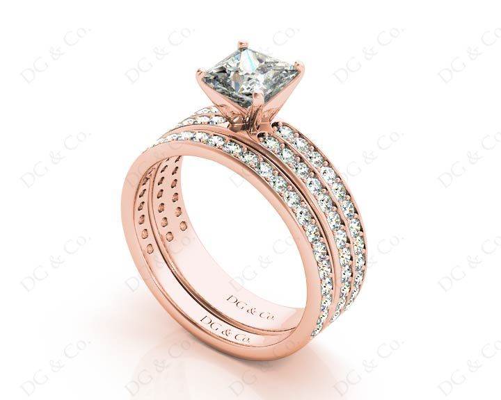 Princess cut diamond wedding set rings with four claws setting - 18K Rose - DG & Co. Jewellery