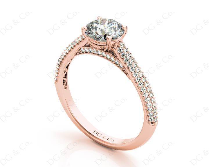 Vintage Style Round Cut Four Claw Set Diamond Ring with Micro Pave Set Stones Down the Shoulders - 18K Rose - DG & Co. Jewellery