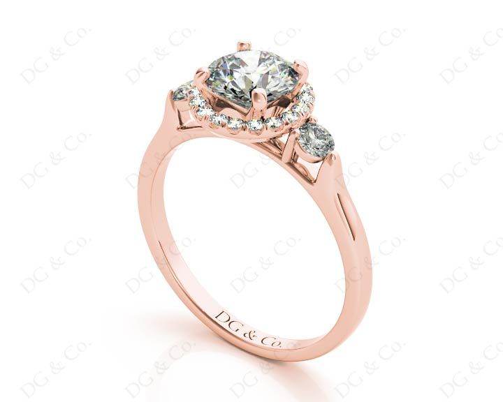 Round Cut Halo Trilogy diamond ring with pave set side stone in 18K Rose - DG & Co. Jewellery