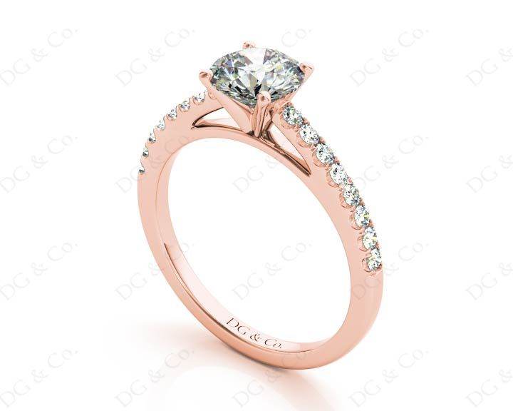 Round Cut Four Claw Set Diamond Ring with Round Pave Set Stones Down the Shoulders - 18K Rose - DG & Co. Jewellery