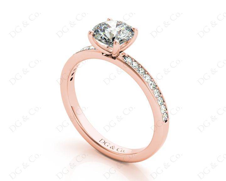 Round Cut Four Claws Diamond Engagement Ring with Pave Set Side Stones - 18K Rose - DG & Co. Jewellery
