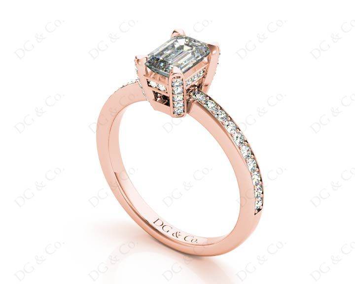 Emerald Cut Four Claw Diamond Ring with grain set side stones - 18K Rose - DG & Co. Jewellery