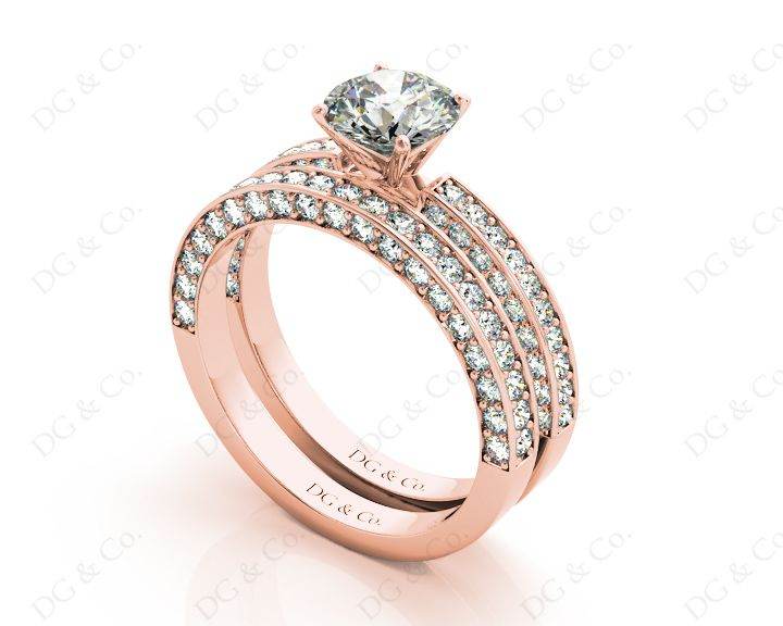 Engagement and Wedding Set Round Cut Diamond Rings with Pave Setting Side Stones in 18K Rose - DG & Co. Jewellery