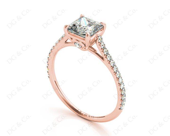 Princess Cut Four Claws Diamond Engagement Ring Pave Set Side Stones - 18K Rose - DG & Co. Jewellery