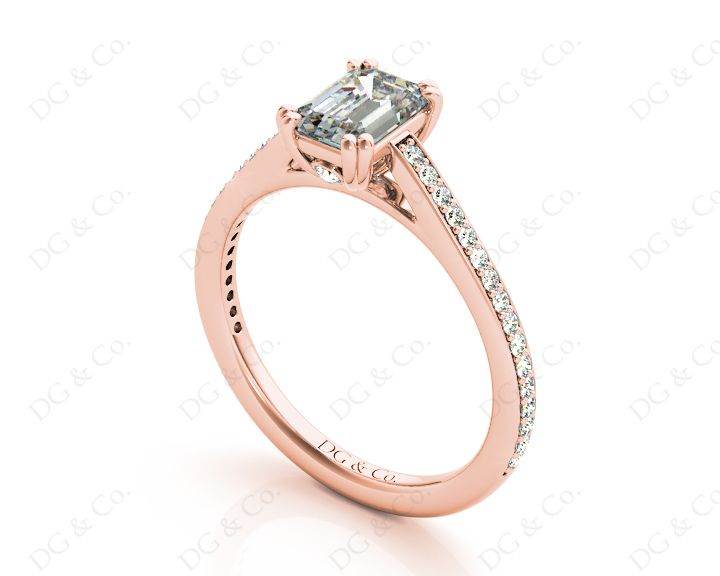 Emerald Cut Four Prongs Diamond Ring with Channel Set Side Stones - 18K Rose - DG & Co. Jewellery