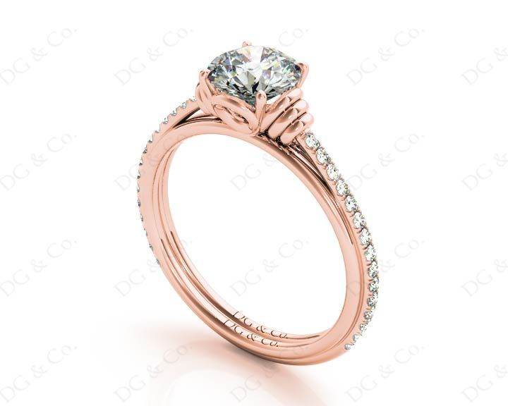 Round Cut Four Claw Set Diamond Ring with Pave Set Diamonds on the Band - 18K Rose - DG & Co. Jewellery