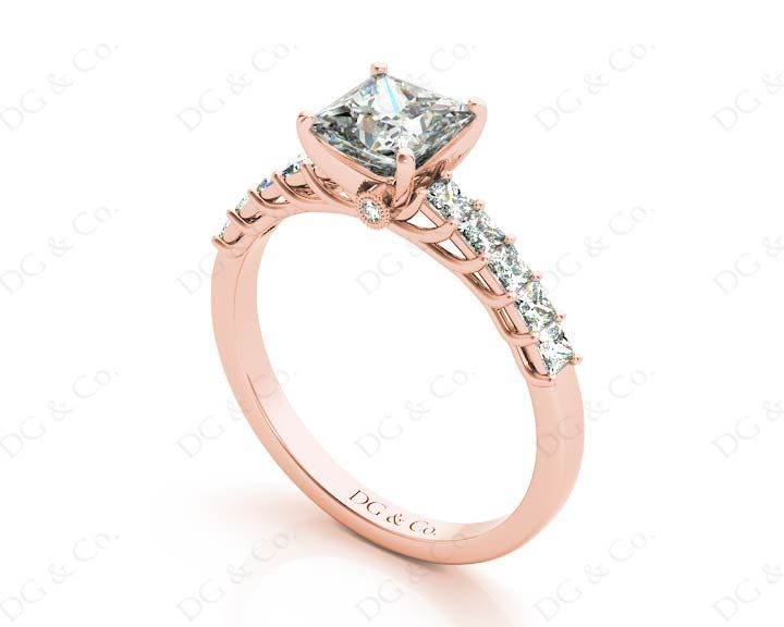 Princess Cut Four Claw Set Diamond Ring with Princess Cut Stones Down the Shoulders and Brilliant Stones on Sides - 18K Rose - DG & Co. Jewellery