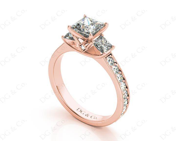 Princess Cut Trilogy Ring with Milgrain set shoulder diamond - 18K Rose - DG & Co. Jewellery