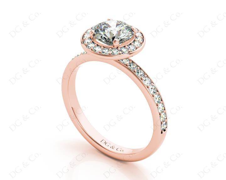 Round cut halo diamond engagement ring with four claw setting in 18K Rose - DG & Co. Jewellery