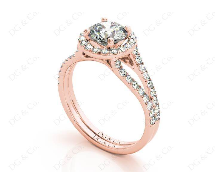 Split Band Round Cut Halo Diamond Engagement ring with claw set centre stone in 18K Rose - DG & Co. Jewellery