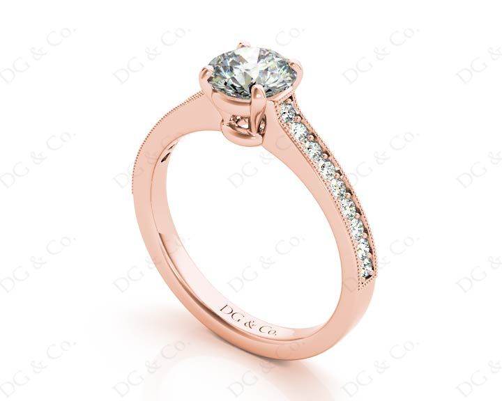 Round Cut Four Claw Set Milgrain Diamond Engagement Ring With Pave Side Stones - 18K Rose - DG & Co. Jewellery