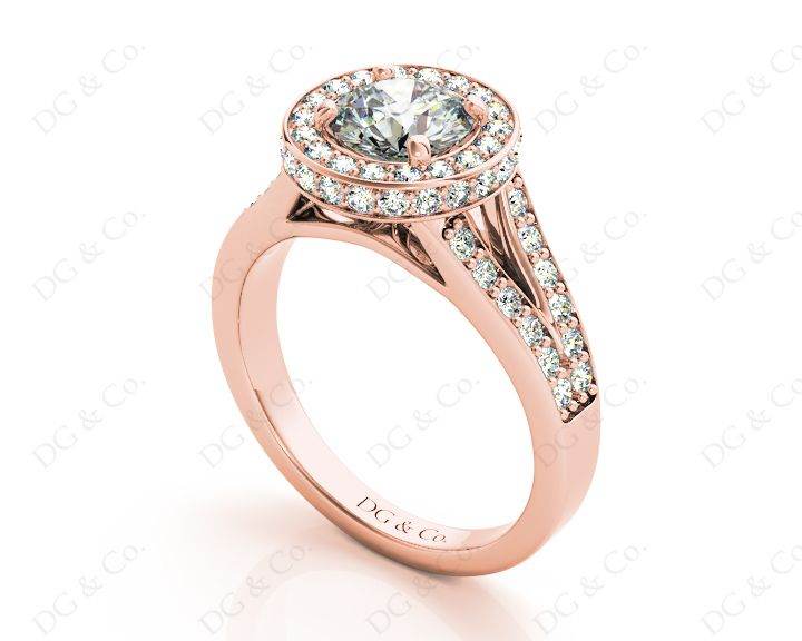 Round Cut Halo Diamond Engagement Ring Split Band with Four Claws Set Centre Stone in 18K Rose - DG & Co. Jewellery