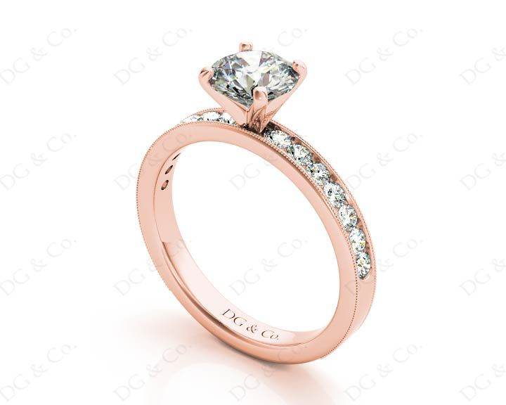 Round Cut Four Claw Set Diamond Ring with Channel Set Side Stones Down the Shoulders - 18k Rose - DG & Co. Jewellery
