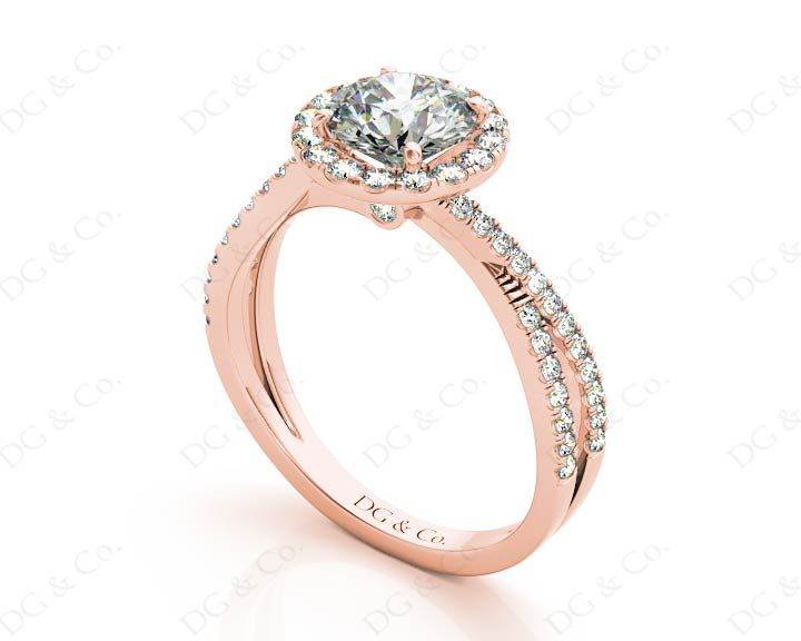 Round Cut Split Shank Diamond Halo Engagement Ring with Pave Set Side Stones Down the Band in 18K Rose - DG & Co. Jewellery